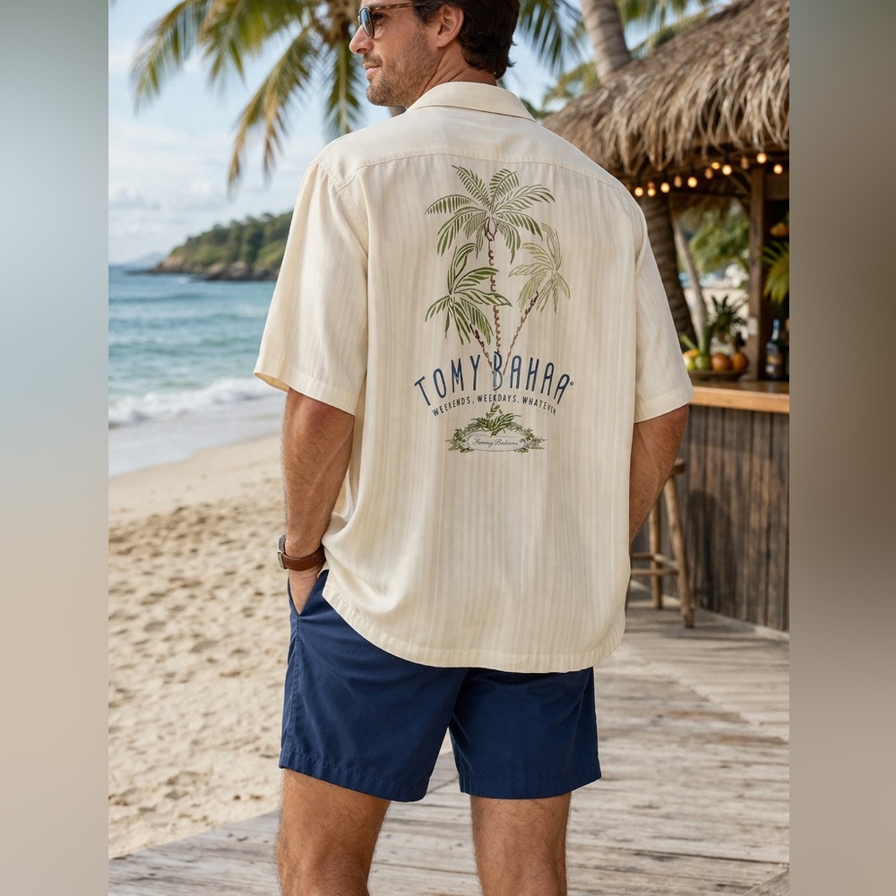 Tommy Bahama Cream Short-Sleeve Button-Down with Green Palm Graphic